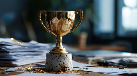 A gleaming golden trophy sits on a cluttered desk, surrounded by scattered papers and glittering gold confetti. The soft background enhances the trophy's allure, symbolizing success and achievement in any competitive field.の素材
