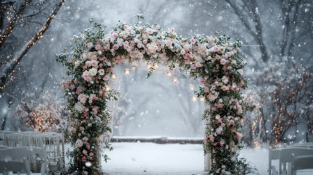 This enchanting winter wedding scene features a stunning floral archway adorned with pink and white blooms, capturing romance amidst gentle snowfall.の素材