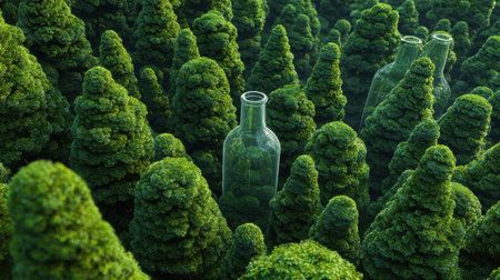 This captivating image features intricate glass bottles nestled among lush green topiary trees, creating a striking balance between nature and artistry.の素材