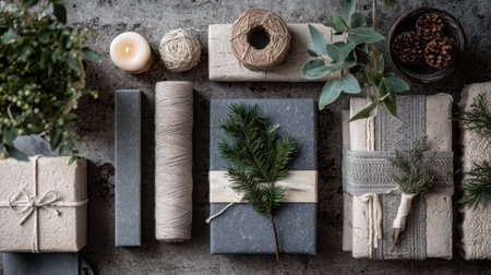 This image showcases a cozy and rustic arrangement of gift wrapping supplies with natural elements, ideal for holiday celebrations and DIY projects.の素材