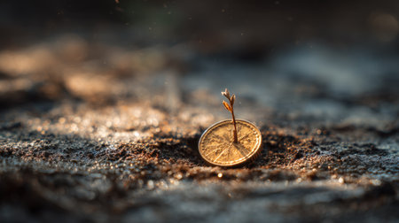 A small plant sprouts from a coin resting on soil, symbolizing the intersection of finance and nature. This image captures the essence of growth and renewal.の素材