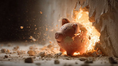 A dramatic image of a piggy bank bursting apart, symbolizing the challenges and breakthroughs in personal finance and savings strategy.の素材