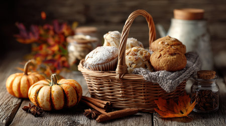 A warm and inviting autumn bakery scene featuring a variety of freshly baked muffins, pumpkins, and rustic decor. Perfect for seasonal themes.の素材