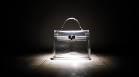 This elegant transparent handbag is beautifully illuminated against a dark background, highlighting its modern design and stylish aesthetics perfect for fashion enthusiasts.の素材