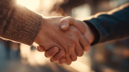 A close-up view of two hands engaged in a handshake, symbolizing trust and partnership. The warm light during sunset creates an inviting atmosphere, enhancing the connection.の素材