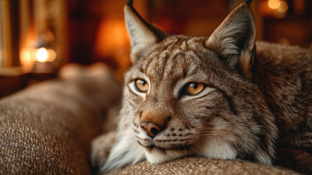 A striking close-up of a lynx resting peacefully on a soft couch, surrounded by warm lighting and natural decor. The image captures the serene beauty of this majestic wild cat.の素材