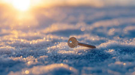 A captivating scene depicts a solitary golden key resting on a soft snowy surface, illuminated by warm light during winter. The dreamy bokeh enhances the tranquil ambiance.の素材