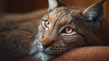This captivating close-up shows a lynx resting indoors, featuring its mesmerizing eyes and rich fur texture, evoking a sense of calm and elegance.の素材