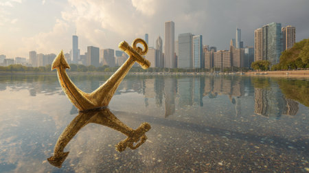 A striking golden anchor sculpture stands prominently at the water's edge, reflecting its form in the calm surface as a city skyline rises in the background.の素材