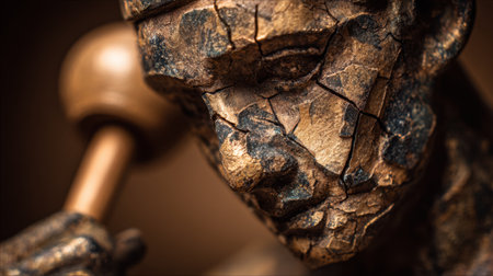 This striking close-up showcases a weathered statue representing justice, highlighting intricate details and textures in dim lighting.の素材