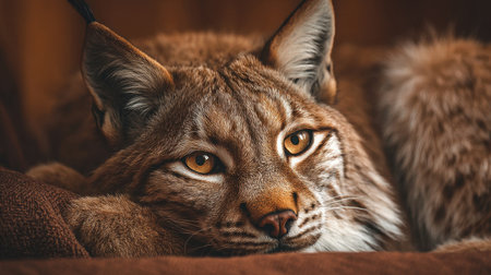 A captivating portrait of a lynx resting gracefully on a soft surface, showcasing its striking eyes and rich fur patterns in a tranquil environment.の素材