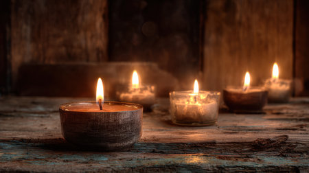 This image features four glowing candles arranged on a rustic wooden table, creating a warm and inviting atmosphere perfect for relaxation and tranquility.の素材