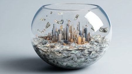A stunning visual showcasing a miniature city encased in a glass bowl, surrounded by abundant cash. This image creatively illustrates themes of wealth, investment, and economic growth within an urban context.の素材