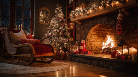 A serene Christmas living room scene filled with decorations, a charming tree, glowing fireplace, and warm ambiance, perfect for holiday gatherings.の素材
