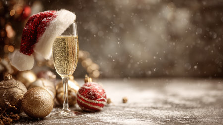 A charming scene featuring an elegant champagne glass adorned with a festive Santa hat, surrounded by beautiful Christmas ornaments against a snowy backdrop, creating a warm holiday atmosphere perfect for celebrations.の素材