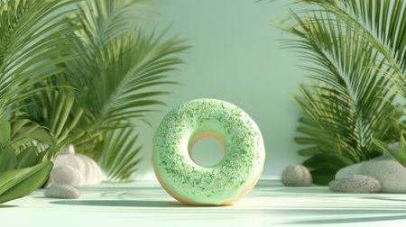 This colorful green donut is styled against a backdrop of tropical leaves and soft stones, creating a fresh and inviting atmosphere. Perfect for summer-themed designs.の素材