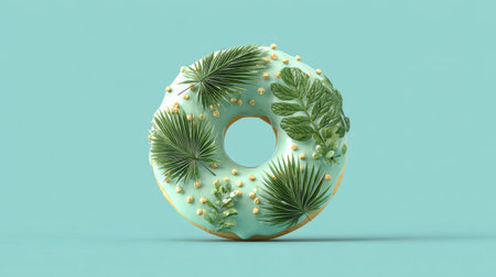 This artistic mint green donut features tropical leaves and gold pearls, creating a vibrant centerpiece. Perfect for food lovers and creatives.の素材