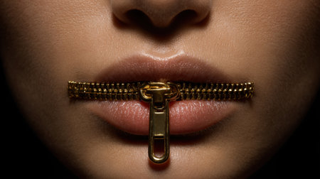 The image captures a close-up of a face with a gold zipper across the lips, representing silence and concealed emotions. The dark background adds to the dramatic effect.の素材