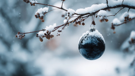 A stunning winter scene featuring a black ornament delicately hanging from a snow-covered branch, showcasing the serene beauty of nature in the snowy landscape.の素材