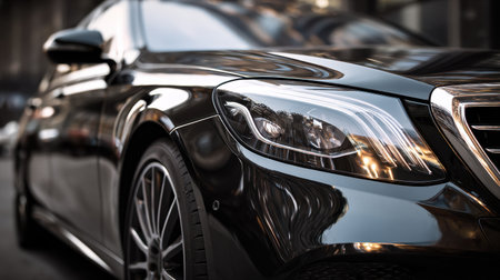 A stunning close-up of a sleek black luxury car highlighting its shiny details and elegant design against an urban backdrop.の素材