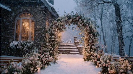A captivating winter wedding scene featuring a stunning floral archway amidst snowflakes, evoking romance and tranquility. Perfect for seasonal celebrations.の素材