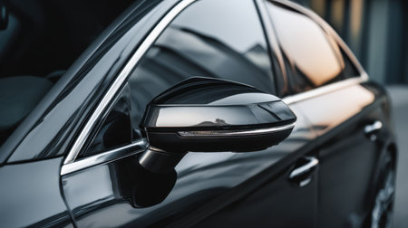 This close-up image features a sleek car side mirror reflecting an urban environment at dusk. The modern design showcases elegant lines and a stylish exterior.の素材
