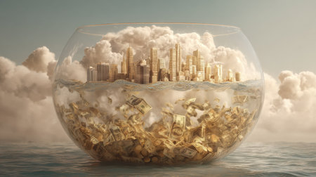 A surreal representation of wealth, featuring a cityscape enclosed in a glass bowl amid floating clouds, with money overflowing from beneath.の素材