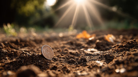 A captivating coin is gently resting on the earth, illuminated by soft sunlight, creating a serene and inviting outdoor scene filled with natural beauty.の素材