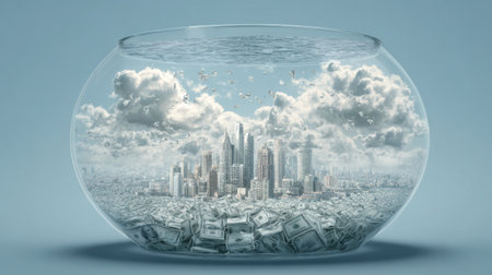A surreal depiction of an urban skyline inside a fishbowl filled with cash, blending nature and finance to showcase imagination and creativity.の素材