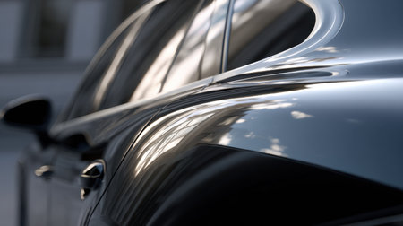 A captivating close-up image of a polished car surface reflecting soft light, showcasing elegant curves and urban reflections, ideal for automotive aesthetics.の素材