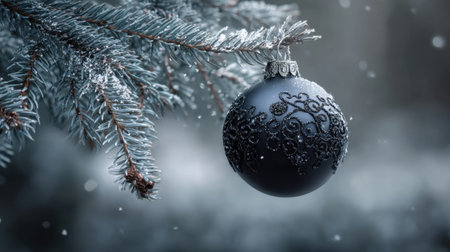 A beautifully crafted dark Christmas ornament hangs delicately from a snow-laden evergreen branch, creating a serene winter atmosphere perfect for festive celebrations.の素材