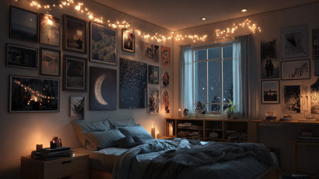 A cozy bedroom scene featuring soft lighting, artistic decorations, and relaxing ambiance, perfect for creating a tranquil retreat at night.の素材