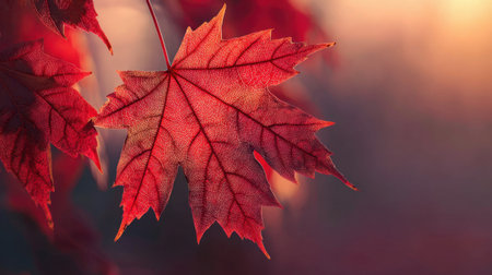A closeup of a vibrant red maple leaf illuminated by soft sunlight, capturing the beauty of autumn and the intricate texture of nature.の素材