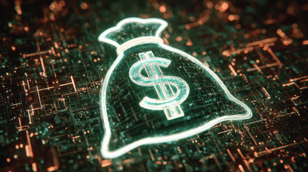 This digital illustration showcases a glowing money bag with a dollar sign, symbolizing financial growth and modern technological innovations.の素材