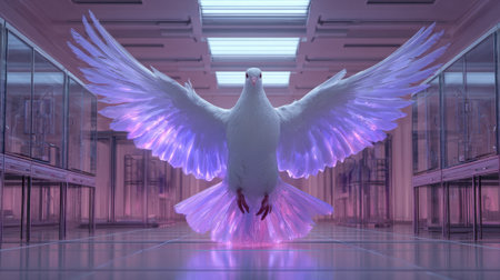 This striking image features a white dove with glowing wings in a high-tech lab setting, creating an otherworldly and serene visual experience.の素材