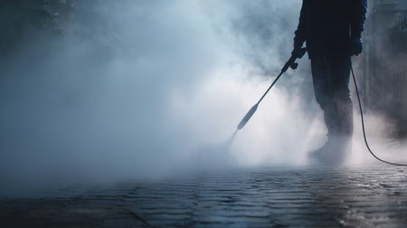 A lone worker applies a pressure washer to clean a cobblestone surface, surrounded by thick fog that adds a mysterious backdrop to the task.の素材