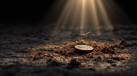 A captivating closeup of a coin nestled in soil with a small plant emerging, illuminated by gentle light rays, symbolizing growth and potential.の素材