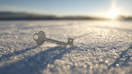 A gleaming metal key rests on a bed of snow, reflecting the warm sunlight. The serene winter landscape evokes feelings of opportunity and exploration.の素材