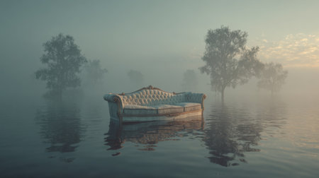 A vintage couch floats on calm water surrounded by mist and trees, creating a dreamlike atmosphere enhanced by the golden light of sunrise.の素材