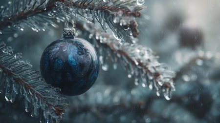 A stunning close-up of a Christmas ornament hanging delicately on a frosted evergreen branch, enhanced by glistening droplets, creating a serene winter atmosphere.の素材