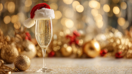 A stunning champagne glass adorned with a Santa hat sits amidst shimmering golden decorations and soft bokeh lights, creating a joyful holiday atmosphere.の素材