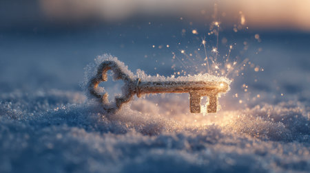 A vintage key rests delicately on fresh, shimmering snow, illuminated by soft morning light, creating an enchanting and magical winter scene.の素材