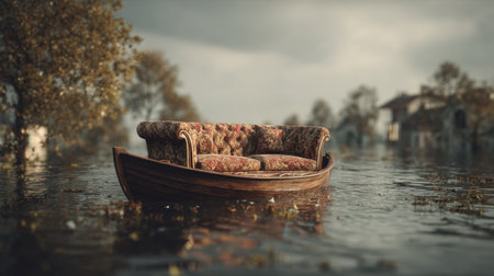 A striking image of a vintage sofa floating peacefully on a flooded landscape, reflecting the surrounding serene nature and abandoned homes.の素材