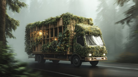 A unique eco-friendly truck adorned with lush greenery navigates a misty forest road, symbolizing sustainable travel and harmony with nature.の素材