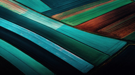 This aerial image showcases colorful agricultural fields, revealing a captivating patchwork of vibrant greens and browns, highlighting the beauty of rural landscapes.の素材