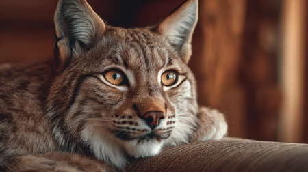This close-up photograph captures a serene lynx resting in a cozy setting, showcasing its striking eyes and elegant features, perfect for wildlife enthusiasts.の素材