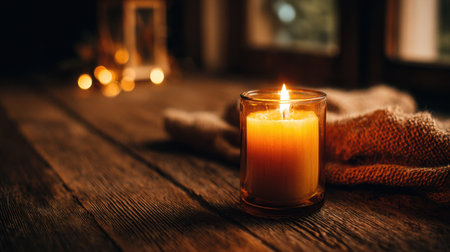 A beautifully lit candle emits a warm glow, resting on a rustic wooden table. Soft textiles and a bokeh background create a cozy and inviting atmosphere, perfect for relaxation.の素材