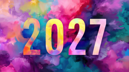 A vibrant and colorful abstract background featuring the year 2027. This artwork symbolizes new beginnings, creativity, and optimism for the future.の素材