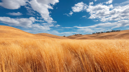 Captivating view of golden grasslands stretching toward rolling hills under a vibrant blue sky adorned with fluffy clouds. This serene landscape captures the essence of nature's beauty in a warm, sunny setting, perfect for peaceful retreats.の素材