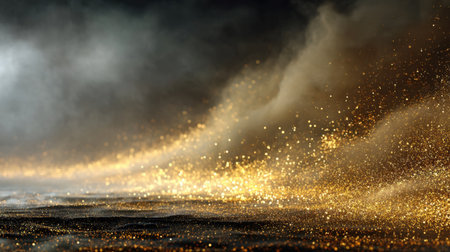 A mesmerizing visual of golden dust particles dancing in the air, creating a captivating atmosphere against a dark smoky background.の素材